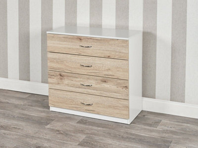 Urbnliving Height 73Cm4 Drawer Wooden Bedroom Chest Cabinet White Carcass And Oak Drawers Modern Wide Storage Cupboard Closet - image 1