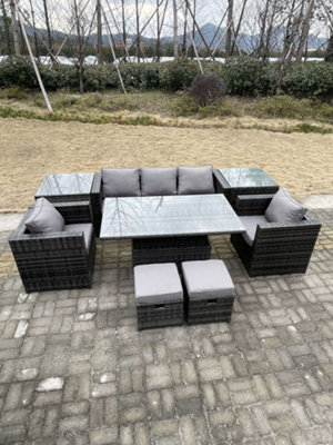 Fimous Rattan Garden Furniture Adjustable Rising Lifting Dining Table Sofa Set Chairs 2 Side Coffee Tables With 2 Stools - image 1