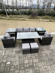 Fimous Rattan Garden Furniture Adjustable Rising Lifting Dining Table Sofa Set Chairs 2 Side Coffee Tables With 2 Stools - thumbnail 1