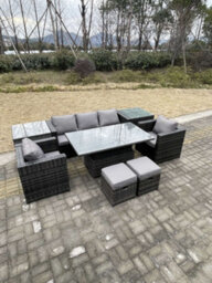 Fimous Rattan Garden Furniture Adjustable Rising Lifting Dining Table Sofa Set Chairs 2 Side Coffee Tables With 2 Stools - thumbnail 3
