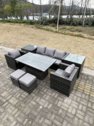 Fimous Rattan Garden Furniture Adjustable Rising Lifting Dining Table Sofa Set Chairs 2 Side Coffee Tables With 2 Stools - thumbnail 2