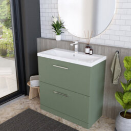 Balterley Level Modern Bathroom 2 Soft-Close Drawer & Mid-Edge Floor-Standing Vanity Unit Basin, Satin Green, 800mm - thumbnail 4
