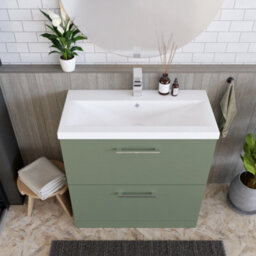 Balterley Level Modern Bathroom 2 Soft-Close Drawer & Mid-Edge Floor-Standing Vanity Unit Basin, Satin Green, 800mm - thumbnail 3