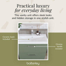 Balterley Level Modern Bathroom 2 Soft-Close Drawer & Mid-Edge Floor-Standing Vanity Unit Basin, Satin Green, 800mm - thumbnail 7