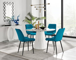 Furniturebox Uk Palma White Marble Effect Round Dining Table & 4 Blue Pesaro Black Leg Chairs