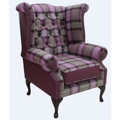 Chesterfield High Back Wing Chair Skye Amethyst Leather Wool Tweed Check In Queen Anne Style - image 1