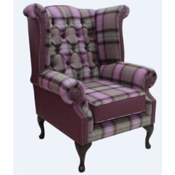 Chesterfield High Back Wing Chair Skye Amethyst Leather Wool Tweed Check In Queen Anne Style - thumbnail 1