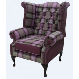 Chesterfield High Back Wing Chair Skye Amethyst Leather Wool Tweed Check In Queen Anne Style - thumbnail 2