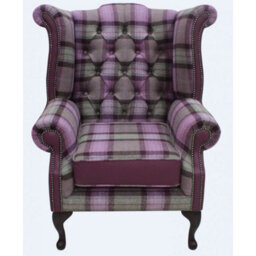 Chesterfield High Back Wing Chair Skye Amethyst Leather Wool Tweed Check In Queen Anne Style - thumbnail 3