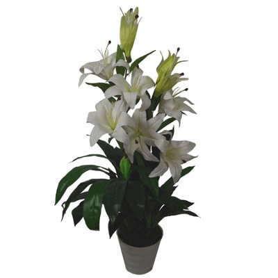 Leaf Artificial 90Cm (3Ft) Lily Stargazer Style Lillies Plant Large Flowers White - image 1