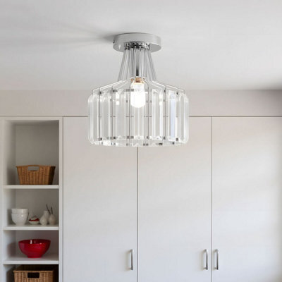 Thehotsale E27 Modern Chrome Flush Mount Crystal Ceiling Light With Geometric Metal Rod Shade, 60W - image 1