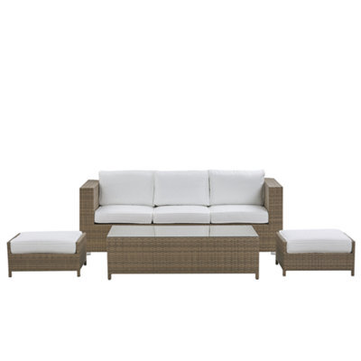 Beliani Garden Lounge Set With Table And Ottoman 5 Seater Belluno Pe Rattan White - image 1