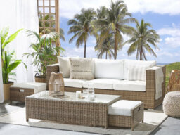 Beliani Garden Lounge Set With Table And Ottoman 5 Seater Belluno Pe Rattan White - thumbnail 2