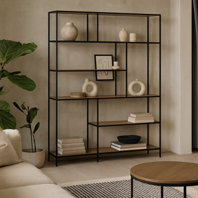 Wyld Haus El Paso Asymmetrical Black Bookcase With 5 Wild Oak Effect Shelves - image 1