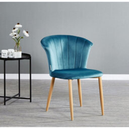 Life Interiors Single Blue Elsa Velvet Dining Chair With Wooden Legs, Curved Back & Comfortable Seating