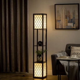 Homcom 2-Light Modern Floor Lamp With Shelves For Living Room, Bedroom, Black - thumbnail 1