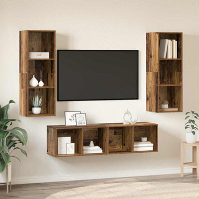 Berkfield Tv Cabinet Set Wall-Mounted 3 Pcs Old Wood 37 X 37 X 142.5 Cm - image 1