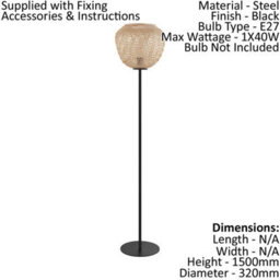 Elegant Black Wicker Standing Floor Lamp For Living Room - 40W E27 Bulb - thumbnail 2