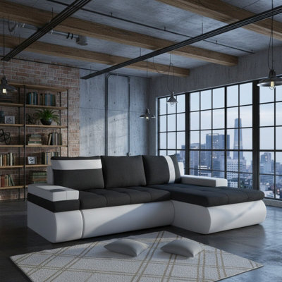 Oslo Mini Living Room Corner Sofa Bed With Storage Hr Foam Wave Springs Wooden Frame 245X182X90Cm Black And White Right - image 1