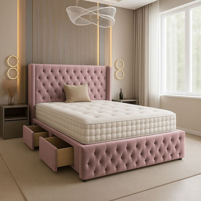 Adore Designs Chesterfield Plush Velvet Divan Bed, Winged Headboard, Mattress & Footboard - 6Ft Super King - Pink - 2 Drawers Right Side - image 1