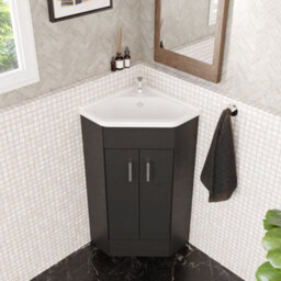 Balterley Floor Standing 2 Door Bathroom Corner Vanity Basin Unit, H: 837 X W: 590 X D: 415mm, Dark Grey - thumbnail 3