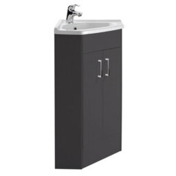 Balterley Floor Standing 2 Door Bathroom Corner Vanity Basin Unit, H: 837 X W: 590 X D: 415mm, Dark Grey - thumbnail 1
