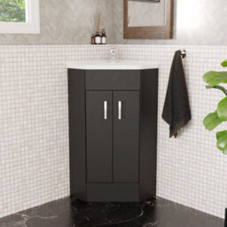 Balterley Floor Standing 2 Door Bathroom Corner Vanity Basin Unit, H: 837 X W: 590 X D: 415mm, Dark Grey - thumbnail 2