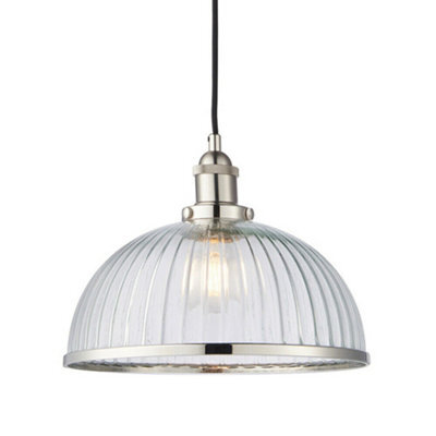 Hanging Ceiling Pendant Light Nickel & Ribbed Glass Dome Bowl Lamp Shade Holder - image 1