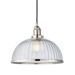 Hanging Ceiling Pendant Light Nickel & Ribbed Glass Dome Bowl Lamp Shade Holder - thumbnail 1