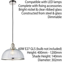 Hanging Ceiling Pendant Light Nickel & Ribbed Glass Dome Bowl Lamp Shade Holder - thumbnail 2