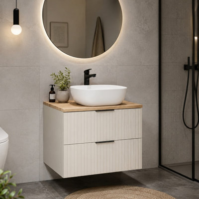 Impact Furniture Vanity Unit Countertop Sink Basin Bathroom Wall Hung Fluted Beige Cabinet With Drawers 600mm Oak Worktop Adel - image 1