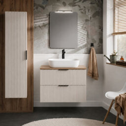 Impact Furniture Vanity Unit Countertop Sink Basin Bathroom Wall Hung Fluted Beige Cabinet With Drawers 600mm Oak Worktop Adel - thumbnail 4