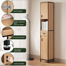 Narrow Tall Bathroom Cabinet With Adjustable Shelves - 30X180Cm - Black Oak - thumbnail 3