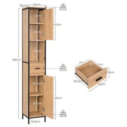 Narrow Tall Bathroom Cabinet With Adjustable Shelves - 30X180Cm - Black Oak - thumbnail 2