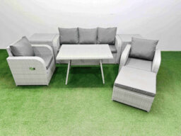 Fimous Reclining Chair 3 Seat Sofa Set Garden Furniture Set With Rectangular Dining Table 2 Side Tables Big Footstool Light Grey - thumbnail 2