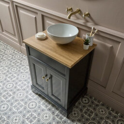 Homestylestore Black Grey And Oak 645mm Bathroom Vanity Unit With Round Countertop Basin And Brushed Brass Classic Round Handles - thumbnail 3