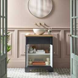 Homestylestore Black Grey And Oak 645mm Bathroom Vanity Unit With Round Countertop Basin And Brushed Brass Classic Round Handles - thumbnail 2