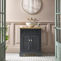 Homestylestore Black Grey And Oak 645mm Bathroom Vanity Unit With Round Countertop Basin And Brushed Brass Classic Round Handles - thumbnail 1