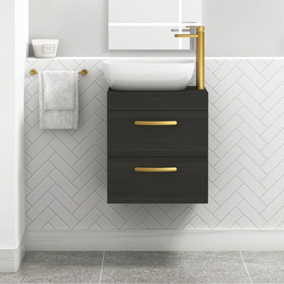 Royal Bathrooms 500mm Hale Black 2 Drawer Wall Mounted Bathroom Vanity Unit With Basin & Elva Countertop Sinkwith Brushed Brass Handle - image 1