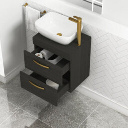 Royal Bathrooms 500mm Hale Black 2 Drawer Wall Mounted Bathroom Vanity Unit With Basin & Elva Countertop Sinkwith Brushed Brass Handle - thumbnail 3