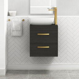 Royal Bathrooms 500mm Hale Black 2 Drawer Wall Mounted Bathroom Vanity Unit With Basin & Elva Countertop Sinkwith Brushed Brass Handle