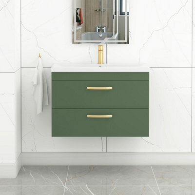 Royal Bathrooms Turin 800mm Wall Hung Vanity Unit Matt Green 2 Drawer Mid-Edge Basin With Brushed Brass Handles - image 1
