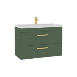 Royal Bathrooms Turin 800mm Wall Hung Vanity Unit Matt Green 2 Drawer Mid-Edge Basin With Brushed Brass Handles - thumbnail 6
