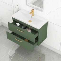 Royal Bathrooms Turin 800mm Wall Hung Vanity Unit Matt Green 2 Drawer Mid-Edge Basin With Brushed Brass Handles - thumbnail 5