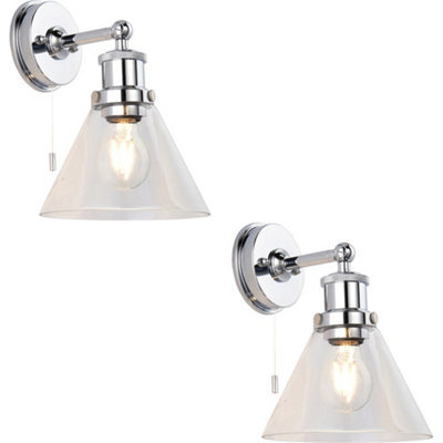 Loops 2 Pack Ip44 Bathroom Wall Light - Chrome Plated Clear Coned Glass Shade - 10W Led E27 - image 1