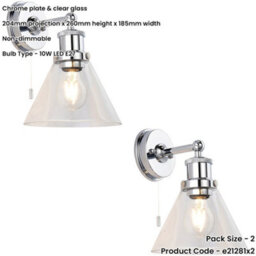 Loops 2 Pack Ip44 Bathroom Wall Light - Chrome Plated Clear Coned Glass Shade - 10W Led E27 - thumbnail 2