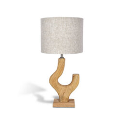 Solid Wood Table Lamp With Fabric Shade Natural Finish Artistic Asymmetrical Base For Living Room Or Bedroom - thumbnail 1