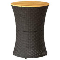 Berkfield Garden Side Table Drum Shape Black Poly Rattan And Solid Wood - thumbnail 2