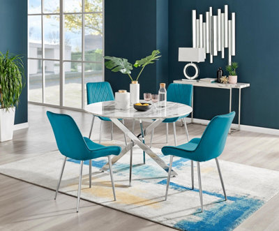 Furniturebox Uk Novara White Marble 120Cm Round Dining Table & 4 Blue Pesaro Silver Chairs - image 1