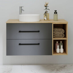 Probaty Bathrooms 990X460mm Vanity Unit Anthracite And Wood Color Mdf,wall Mounted,2 Drawers With Ceramic Basin(Wavy Patterns) - thumbnail 1